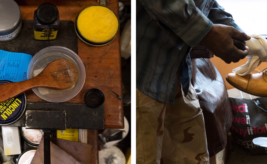 Ernest Peterson gets his shoes shined at A Divine Shine shoe repair shop in Shaw.