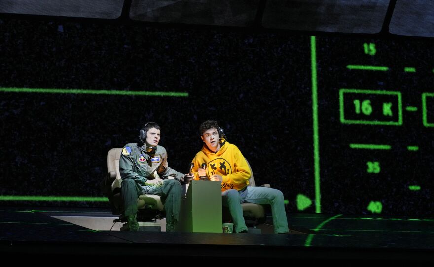 Emily D'Angelo as Jess and Kyle Miller as the Sensor in Jeanine Tesori's "Grounded."