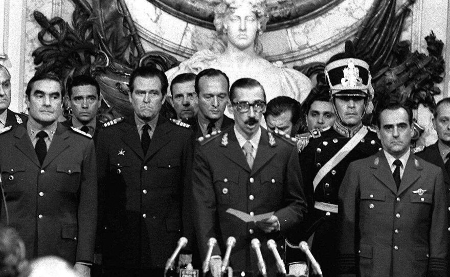 Gen. Jorge Rafael Videla (center) was sworn in as Argentina's president on March 24, 1976, after the overthrow of President Isabel Peron in a coup.