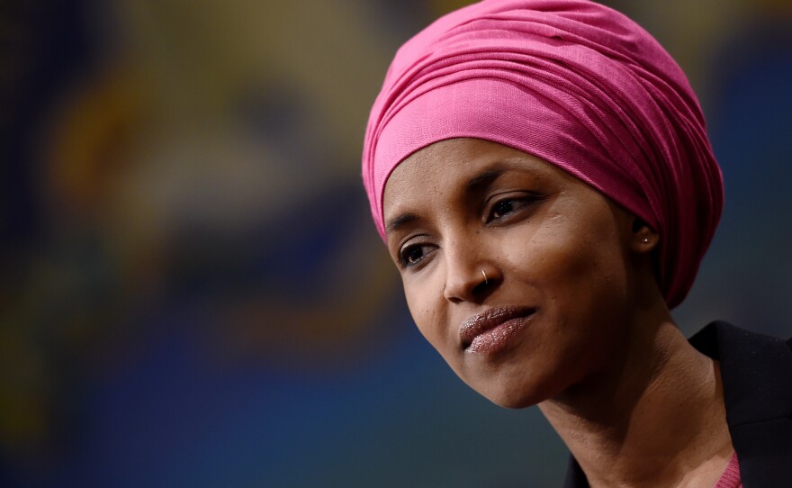 Rep. Ilhan Omar, D-Minn., attends a press conference on Feb. 26 on Capitol Hill. Omar tells NPR the progressive left "has moved the needle on the national conversation" surrounding certain policies.