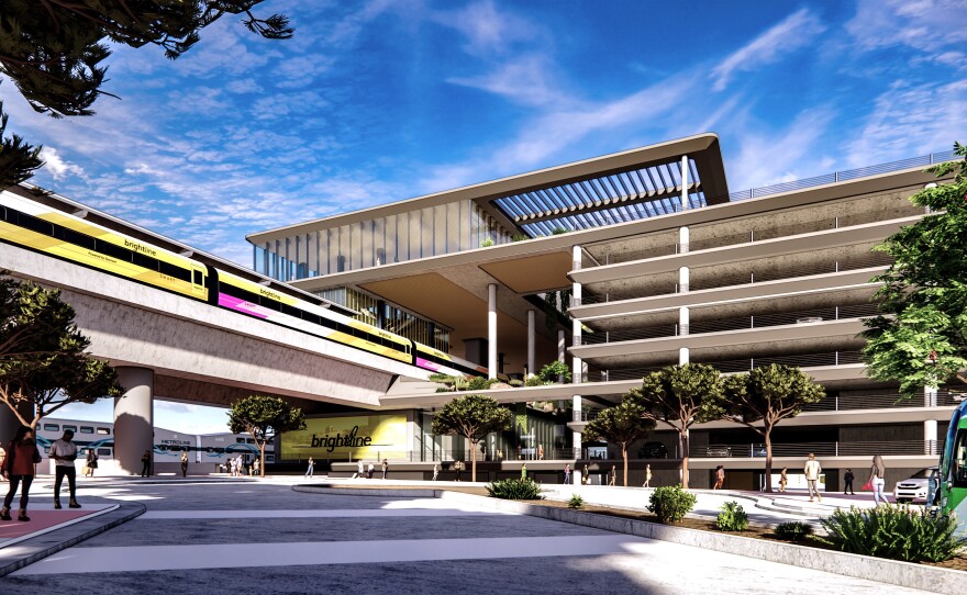 A rendering of the new Brightline West high-speed rail station at Cucamonga Station. Cucamonga Station is the southern terminus for the all-electric high-speed rail passenger service traveling up to 200 mph between Las Vegas and Rancho Cucamonga, California where passengers can easily connect to Metrolink regional rail service into downtown Los Angeles and beyond. Cucamonga Station will be the first fully multi-modal transportation hub in the country to connect high-speed rail to trains, planes, buses and carpool services.