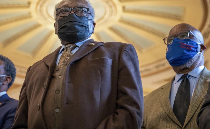 House Majority Whip Jim Clyburn, D-S.C., center, and Thompson, alongside other members of the Congressional Black Caucus, attend a news conference in front of the Senate chamber about their support of voting rights legislation at the Capitol in Washington on Jan. 19, 2022.