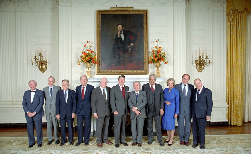 Left to right: Justice John Paul Stevens, Justice Lewis Powell, Justice Harry Blackmun, Justice Byron White, Chief Justice Warren Burger, President Ronald Reagan, Justice William Brennan, Justice Thurgood Marshall, Justice Sandra Day O'Connor, Justice William Rehnquist and Justice Potter Stewart during a reception for the U.S. Supreme Court Justices in the State Dining Room. Oct. 1, 1985.