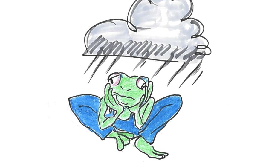 A sad frog in tight pants.