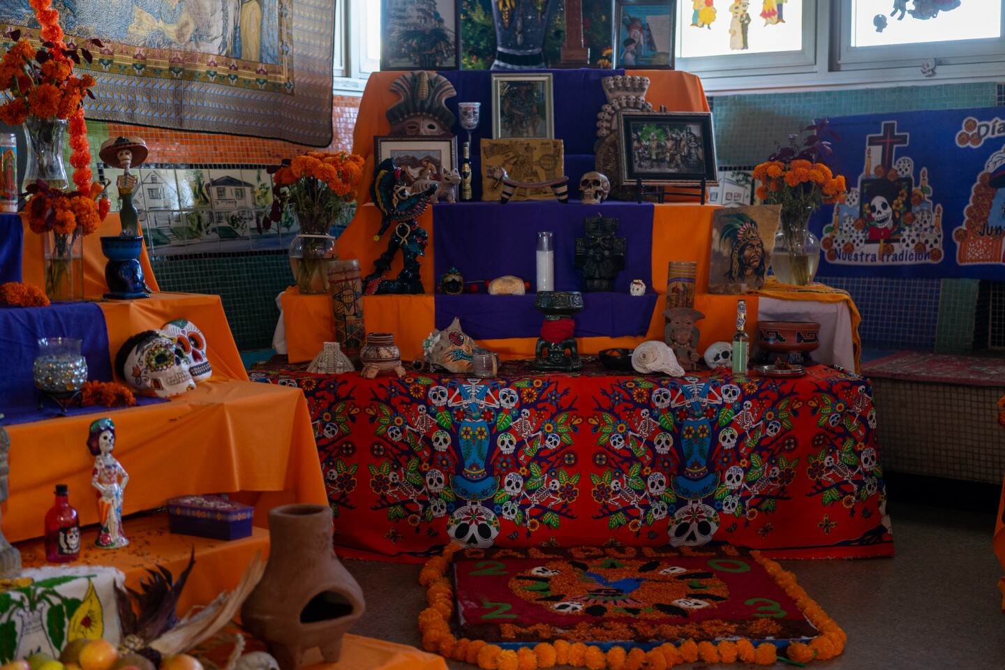 One of the altars at the Sherman Heights Community Center in San Diego is photographed on Oct. 17, 2023. This altar features namy traditional elements like decorated skulls,