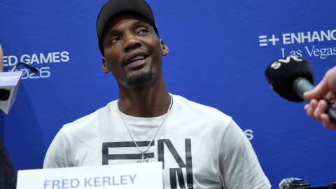 Two-time Olympic-medalist Fred Kerley attends a press conference ahead of the Enhanced Games in Las Vegas, Friday, May 22, 2026. Unlike most of the athletes participating in the Sunday night event, the sprinter says he'll compete without taking performance-enhancing drugs.