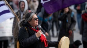 Patty Krawec at a Wet'suwet'en solidarity event at the Canada-U.S. border.