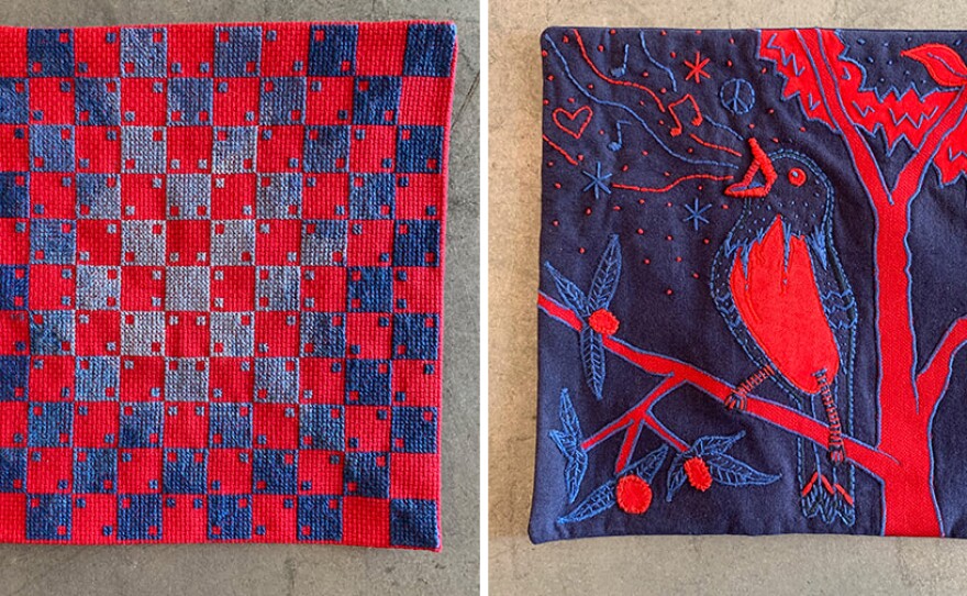 Left: Kitty Spangler from Pittsburgh has completed over 90 squares for "The Violet Protest" project, including this one. Right: Oregon resident Savannah Gordon created this square and many others.