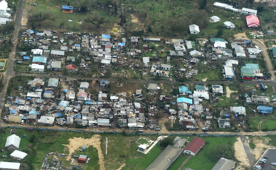 An aerial view of damaged houses in Port Vila, Vanuatu, Monday. Cyclone Pam hit the South Pacific nation on Saturday with hurricane-force winds, huge ocean swells and flash flooding.