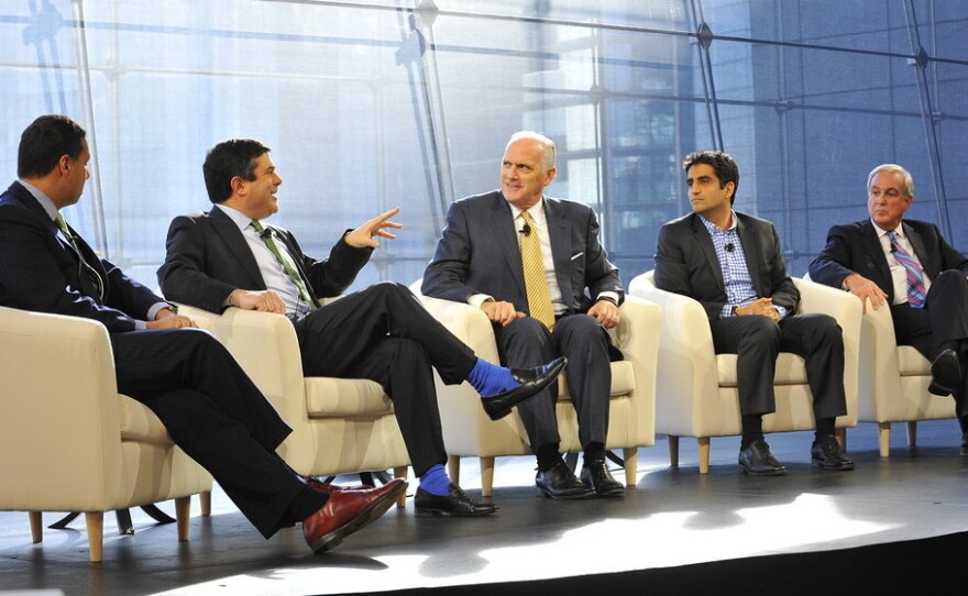 David Goldhill (second from left) talks with Dan Hilferty of Independence Blue Cross, Kevin Nazemi of Oscar Insurance and Sam Nussbaum of WellPoint in a conversation about health costs. Moderator Avik Roy is at far left.
