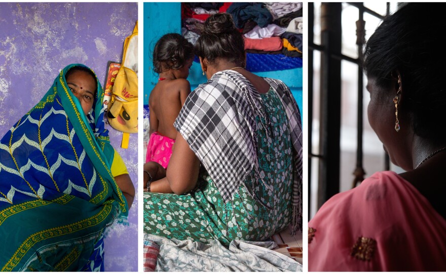 From left to right, Devi, Jhansi and Abirami at their homes in a slum in the southern Indian city of Chennai. These women, at different times, sold their eggs for around $270.