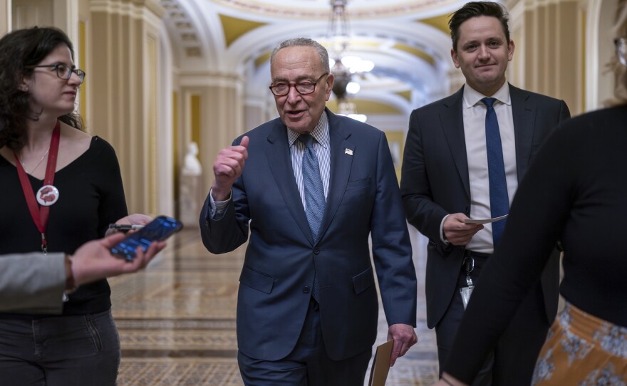 Senate Majority Leader Chuck Schumer, D-N.Y., discusses next steps for the foreign aid package for Ukraine and Israel on the day after the bipartisan Senate border security bill collapsed, at the Capitol in on Wednesday.