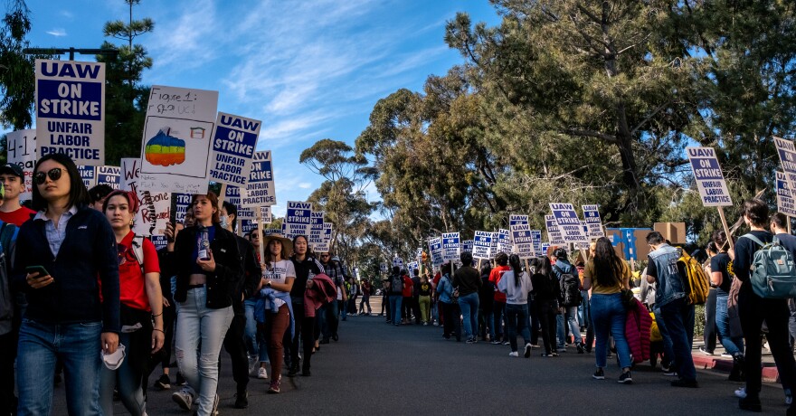 University of California research and student employees are on strike at all of the UC system campuses. At UC San Diego several hundred union members walked the picket line, San Diego, Nov. 14, 2022.