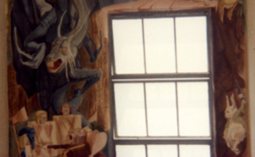Another photograph of the Alice in Wonderland mural taken by Evelyn Kooperman before her favorite mural was painted over in the 1980s.