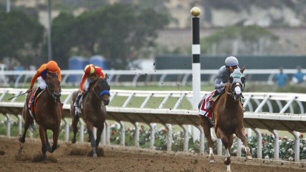 Horses race in the Pacific Classic at Del Mar Thoroughbred Club, Saturday, Aug. 20, 2016, in Del Mar, Calif.