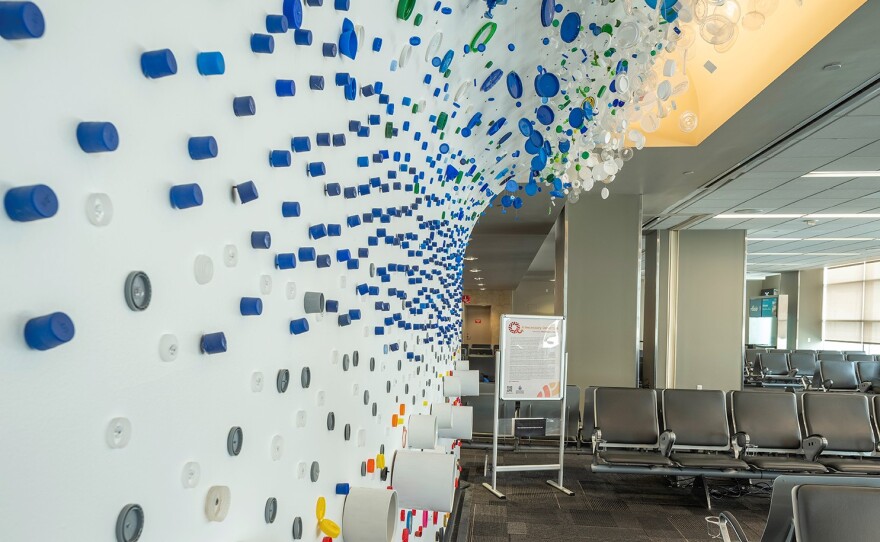 Detail of "The Wonders of Plastic" by San Diego artist Terri Hughes-Oelrich is shown installed at the San Diego airport in an undated photo. Hughes-Oelrich invites viewers to imagine a future without single-use plastics, where humans could only see such products as artifacts.