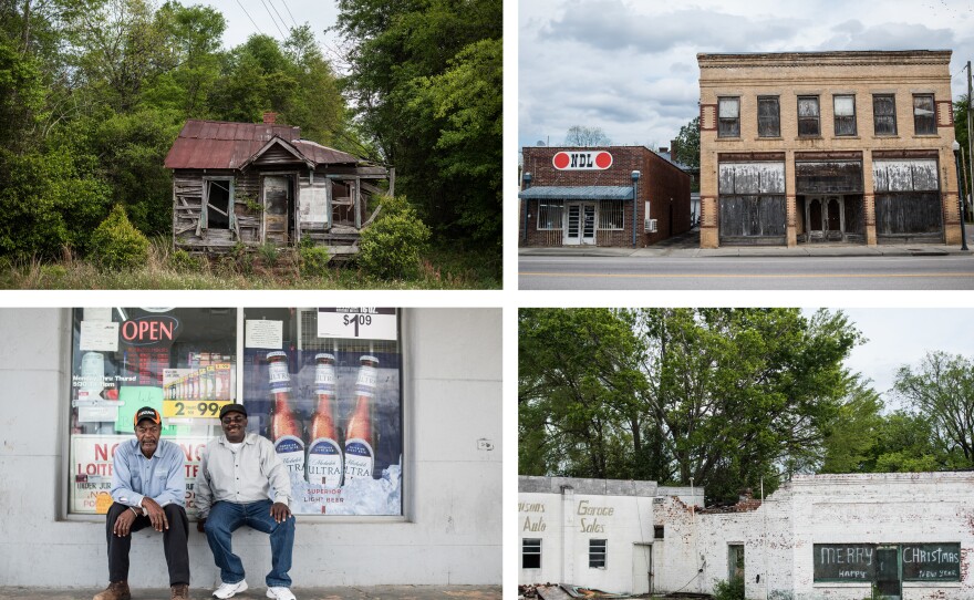 Structures in North, S.C., show signs of decay in the main section of town. A lifetime resident of North, Gerald D. Green (left), and Jeff Washington, who has lived in the town for 18 years, sit outside a gas station.