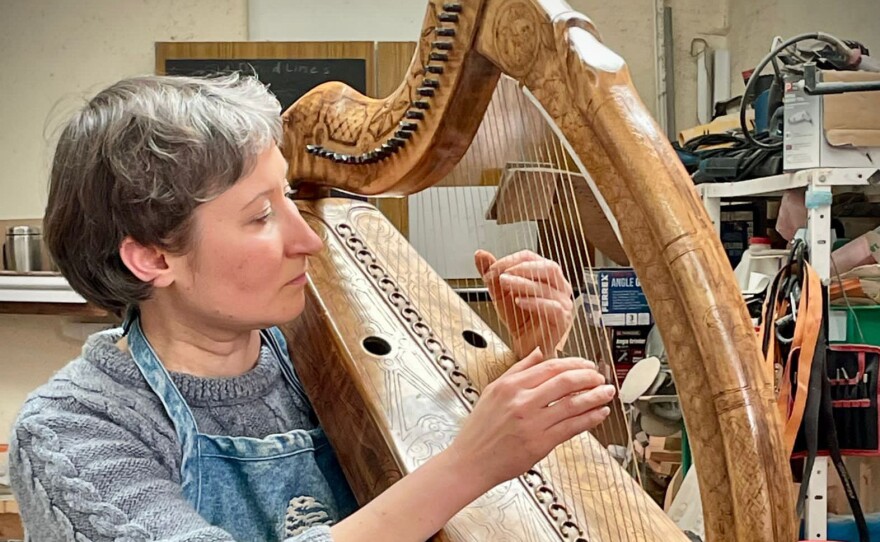 Natalie Surina playing her handmade harp in County Galway, Ireland.