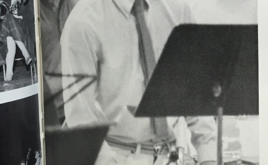 Scott Walker playing drums in the high school band, shown in the 1986 Delavan-Darien High School yearbook.