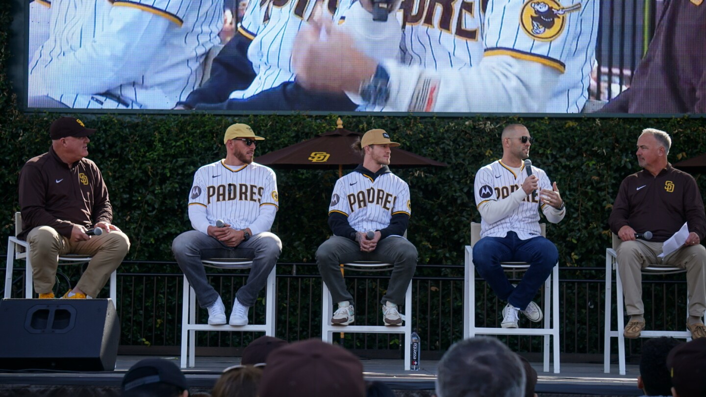 San Diego Padres pitcher Nick Martinez speaks during a fan event at Petco Park.