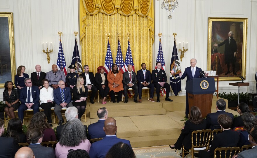 President Joe Biden speaks in the East Room of the White House in Washington, Friday, Jan. 6, 2023, during a ceremony to mark the second anniversary of the Jan. 6 assault on the Capitol and to award Presidential Citizens Medals.