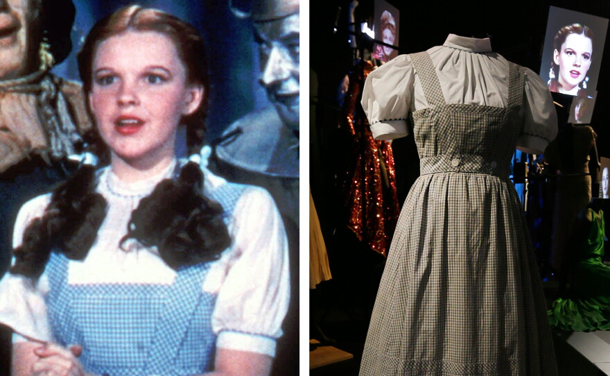 judy garland blue dress Photograph I took of Judy Garland's dress designed by Adrian for The Wizard of Oz, 1939, at Debbie Reynolds' auction in 2011