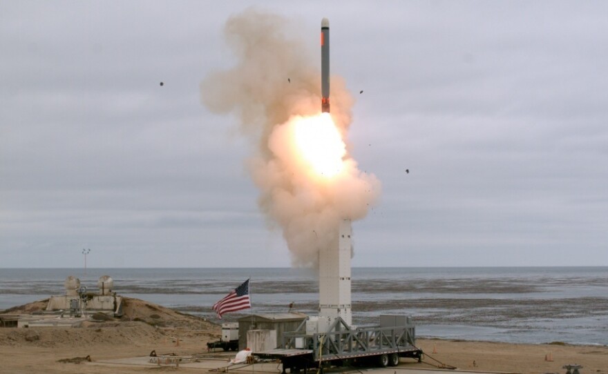This photo released by the U.S. Defense Department shows the launch of a conventionally configured ground-launched cruise missile at San Nicolas Island, Calif., on Sunday.
