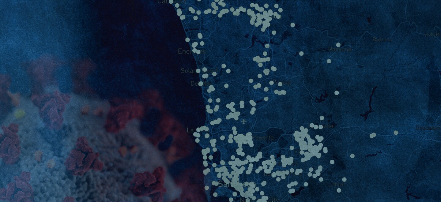 A map of San Diego showing COVID-19 outbreak locations is pictured in this undated graphic.