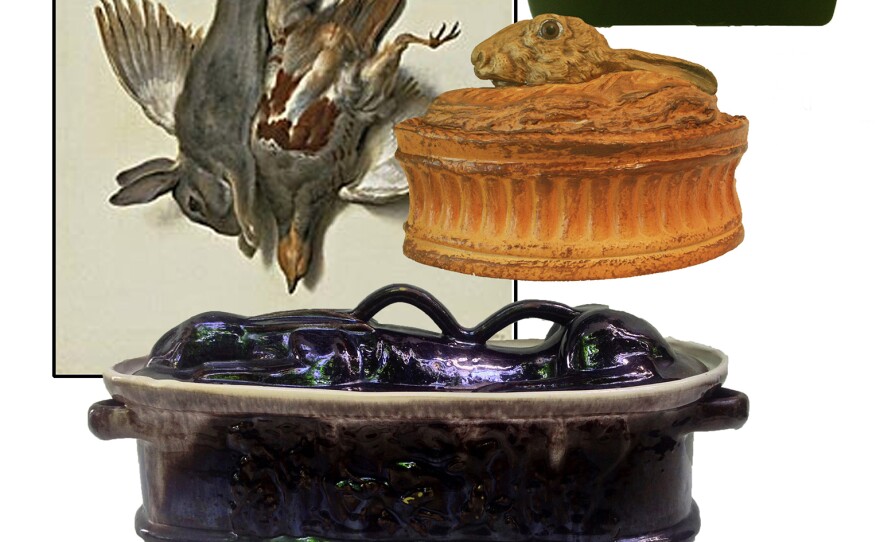 From top to bottom: Coq Au Vin En Croute oval casserole dish from France c. 1940, rabbit terrines c. 1940, hare terrine c. 1870.