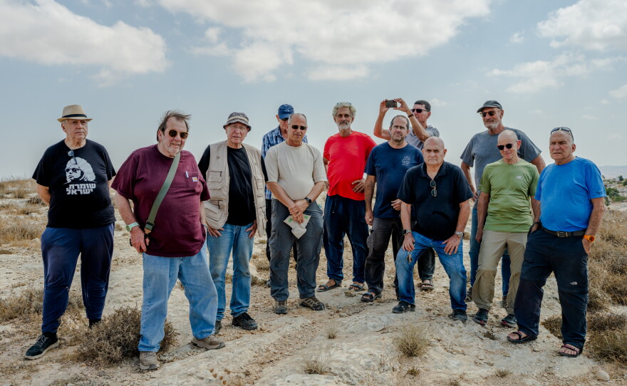 Retired Israeli defense and government officials toured Palestinian communities affected by Israeli settler violence in the occupied West Bank, on Sept. 24, 2026. "This is evil," said Ari Shuali (second from left), a former senior Israeli intelligence official.