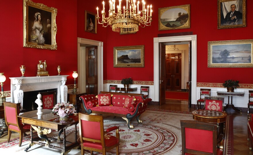 Refreshed wall fabric brightens the Red Room in September 2019.