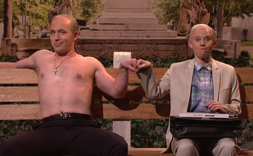 Beck Bennett as Vladimir Putin and Kate McKinnon as Jeff Sessions on Saturday Night Live March 4.