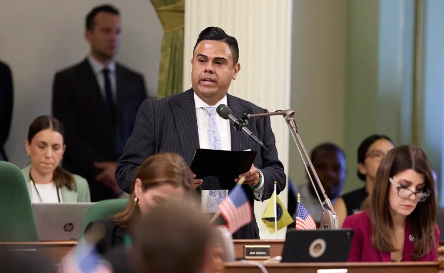 Assemblymember Mark González speaks before lawmakers during an Assembly floor session at the state Capitol in Sacramento on Aug. 21, 2025.