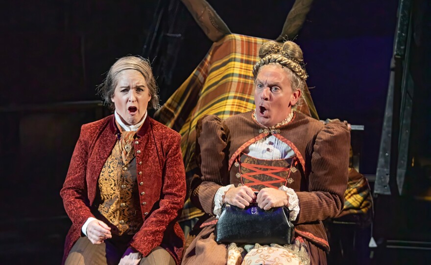 Linda Mugleston as Dr. Westfeldt and Drew Droege as Van Helsing in "Dracula, A Comedy of Terrors."