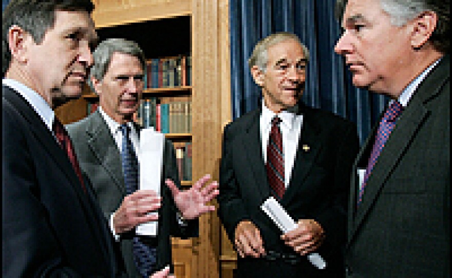 In July 2005, Meehan (far right) joined (from left) U.S. Rep. Dennis Kucinich (D-OH), Rep. Walter Jones (R-NC) and Rep. Ron Paul (R-TX) to discuss a joint resolution demanding that President Bush develop a plan to bring U.S. troops home.
