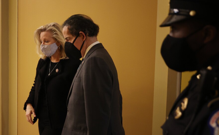 Rep. Jamie Raskin, D-Md., talks with Rep. Liz Cheney, R-Wy., following a vote by the House of Representatives at the U.S. Capitol on Tuesday.