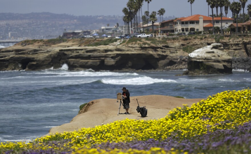 Brett Berndes paints at Sunset Cliffs Natural Park, after portions of the park opened Tuesday, April 21, 2020, in San Diego. (AP Photo/Gregory Bull)
