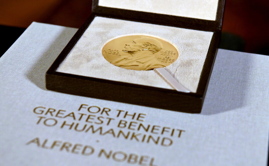 FILE - A Nobel diploma and medal are displayed, Dec. 8, 2020, during a ceremony in New York.