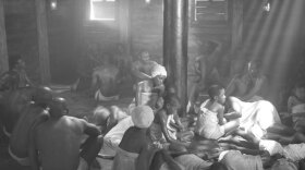 A reenactment scene of slaves on a ship from "Slave Ship Mutiny."