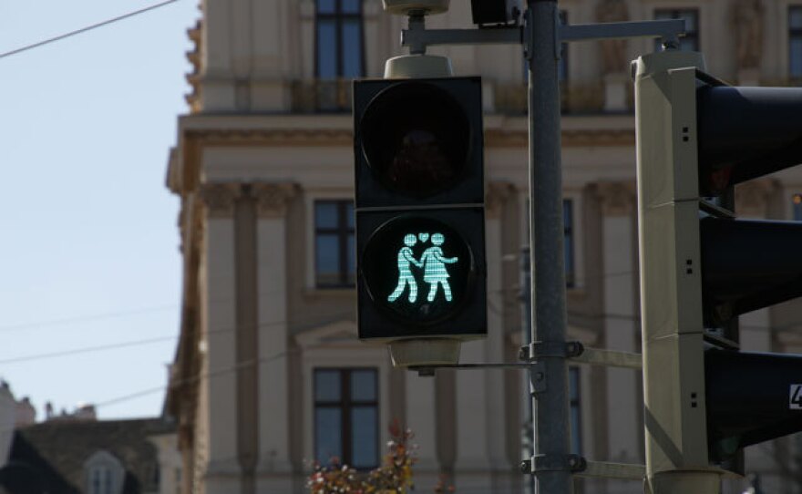 An opposite sex couple is shown on a crosswalk signal in Vienna.