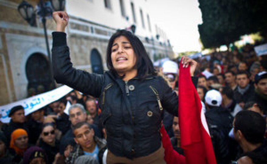 A woman participates in a demonstration in Tunis on January 22, 2011.