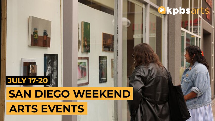 Visitors browse art in a Chula Vista Center Mall storefront window in a recent exhibit by local collective Art Through the Glass. The newest exhibit's opening reception is Saturday, July 19, 2025.