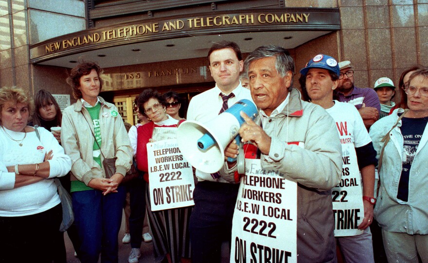 Chavez speaks to striking telephone workers outside the New England Telephone and Telegraph Company headquarters in Boston on Oct. 13, 1989.