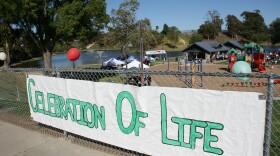 A "celebration of life" sign at Libby Lake Park in Oceanside, March 13, 2015.

