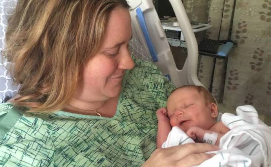 Adrian Dodger Veum was born Monday evening via C-section after his mom, Nicole, was evacuated from the hospital during labor.