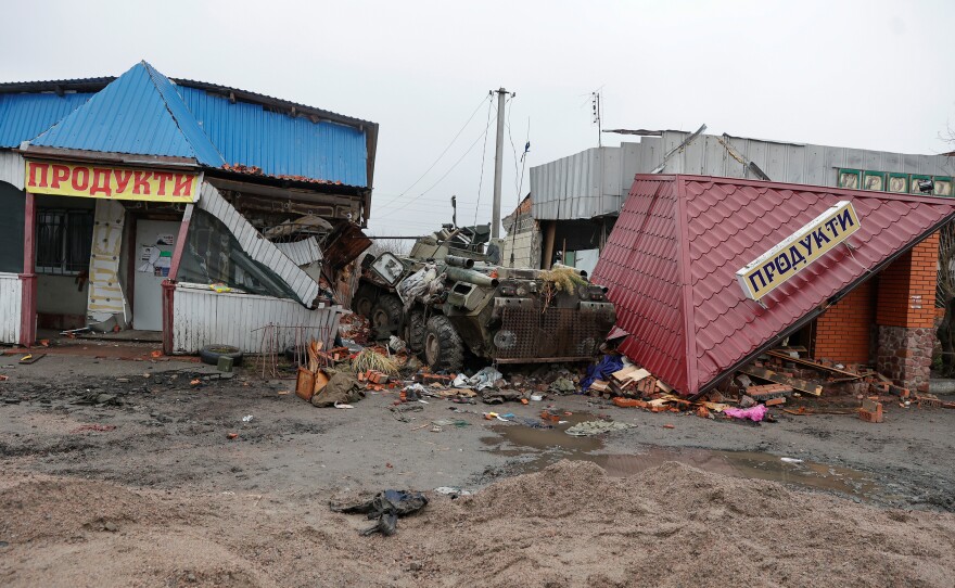 A damaged Russian BTR-82 is seen in the village of Nova Basan, Ukraine, on April 1.