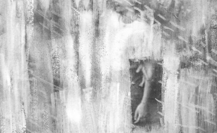 A photo of Parrish's grandparents together is captioned with the text: "I'm still processing the passing of my grandmother to dementia almost two years ago. I reimagined old photographs as frayed memories. Here, perhaps forgetting specific details of a particular day, I wonder if Grandma was able to recall the tender way he caressed her arm."