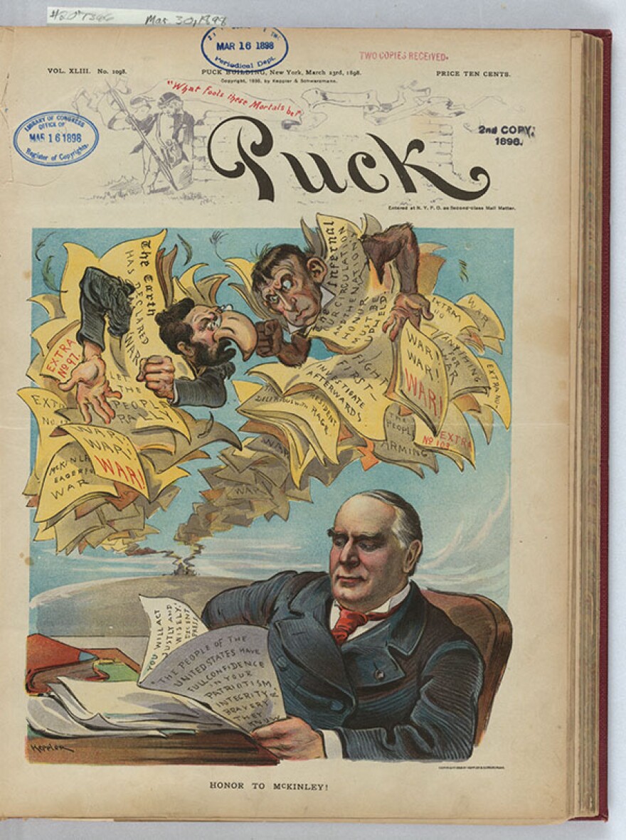 “Honor to McKinley! / Keppler.” Print shows Joseph Pulitzer and a monkey, possibly meant to represent William R. Hearst, as editors of yellow journalism newspapers wrapped up in their papers with outrageous headlines, calling for a declaration of war, while President McKinley calmly reads a paper that states "The People of the United States have full confidence in your Patriotism, Integrity and Bravery. They know you will act justly and wisely: decent press.” Published by Keppler and Schwarzmann, March 23, 1898.