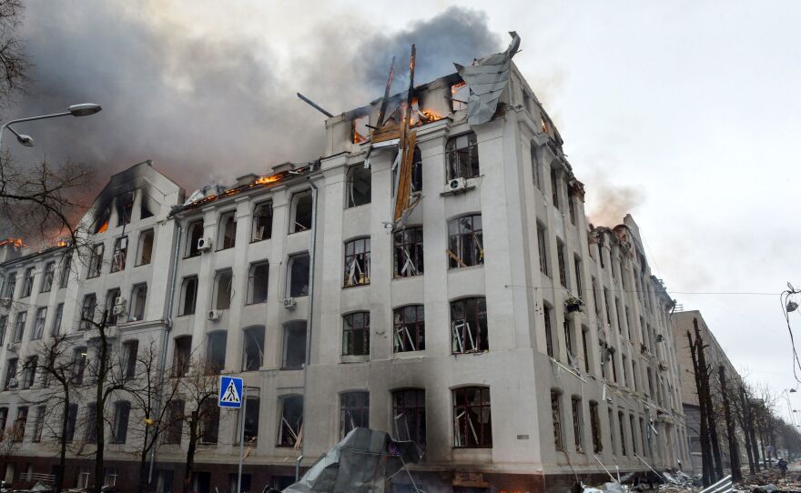The scene of a fire at the Economy Department building of Karazin Kharkiv National University in Ukraine, which was allegedly hit during recent shelling by Russia, on Wednesday.
