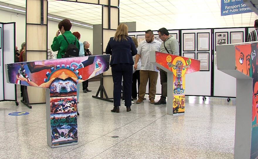 Replicas of the murals at Chicano Park on display at San Diego City Hall, Sept. 16, 2024.